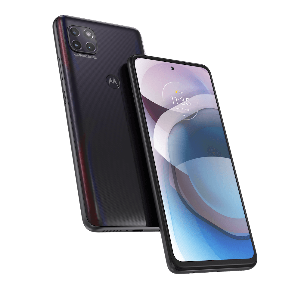 motorola one 5G ace, back and front 3/4 view