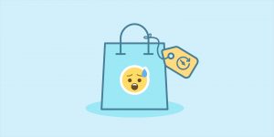 Marketing tricks to be aware of when shopping online - a graphic of a shopping bag with a sweating emoji one the front
