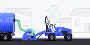 A digital rendering of a tractor pulling a microtrenching machine through a neighborhood