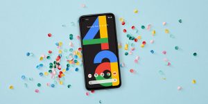 The Pixel 4a laying on colorful confetti for the Pixel 4a giveaways