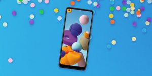 The Samsung Galaxy A21 on a blue background with confetti
