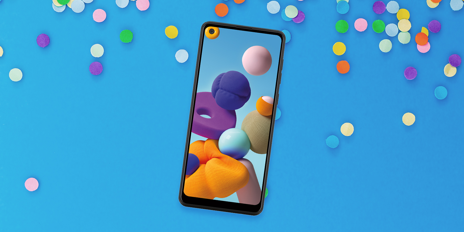 The Samsung Galaxy A21 on a blue background with confetti