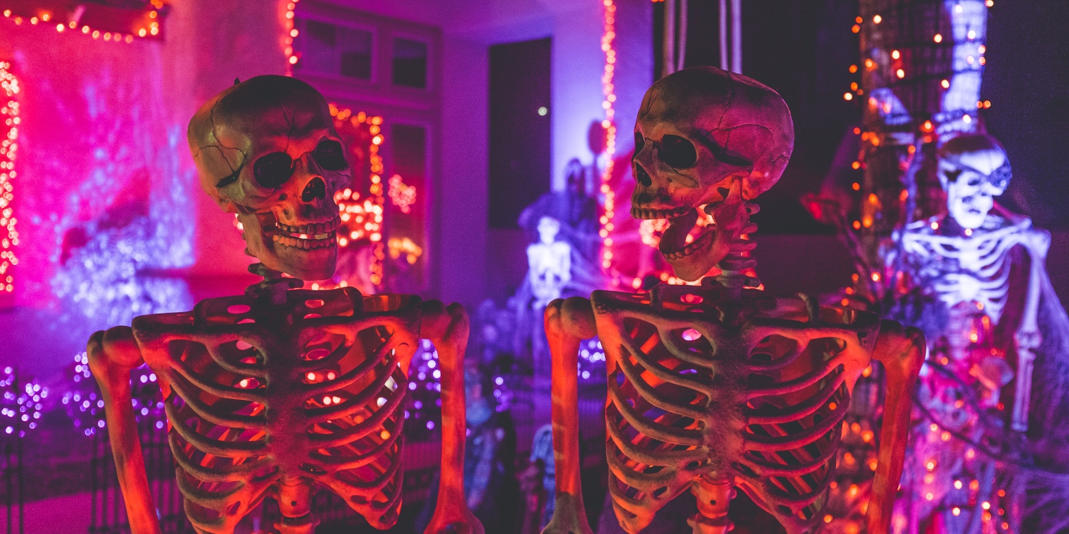 Two skeletons having a chat at a Halloween party. Looks like the one on the right is laughing at a joke the one on the left just told