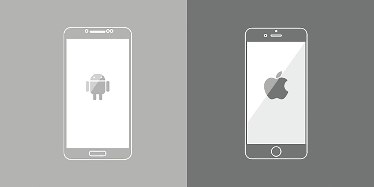 Android and iOS phones in grayscale side-by-side